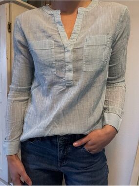 Ann Taylor Gauzy Green & White Stripe Button Down Shirt